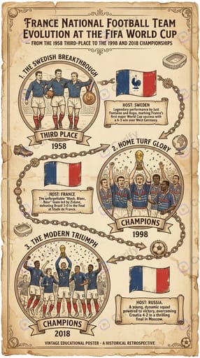 France national football team evolution at the FIFA World Cup — from the 1958 third-place to the 1998 and 2018 championships