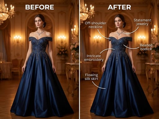 फ़ैशन बिफोर और आफ्टर आउटफिट एनोटेशन कार्ड | Curify AI