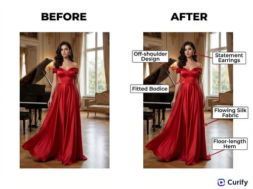 फ़ैशन बिफोर और आफ्टर आउटफिट एनोटेशन कार्ड | Curify AI