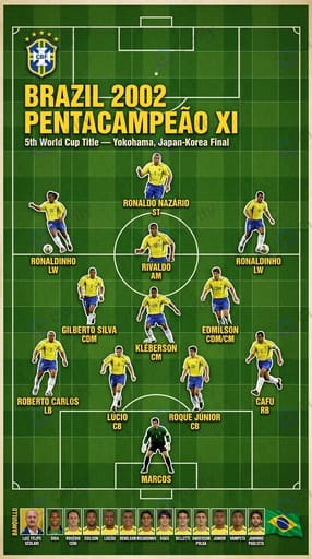Brazil 2002 Pentacampeão XI — Marcos (GK), Cafu, Lúcio, Roque Júnior, Roberto Carlos, Gilberto Silva, Kléberson, Ronaldinho, Rivaldo, Ronaldo Nazário, Edmílson — 4-3-3 attacking formation, Brazil's 5th World Cup title in Yokohama Japan-Korea final