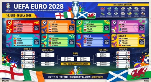 UEFA Euro 2028 — England / Ireland / Scotland / Wales — 24-team group stage and knockout bracket