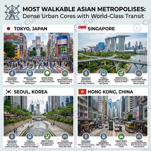 Most walkable Asian metropolises: Tokyo Japan, Singapore, Seoul Korea, Hong Kong China — dense urban cores with world-class transit