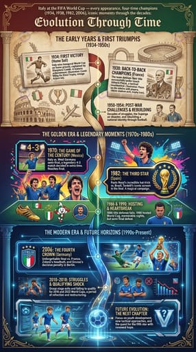 Italy at the FIFA World Cup — every appearance, four-time champions (1934, 1938, 1982, 2006), iconic moments through the decades