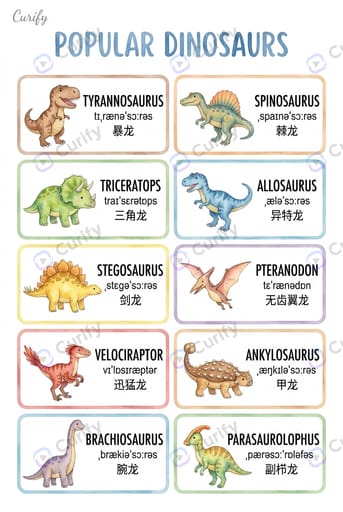 popular dinosaurs vocabulary — Tyrannosaurus, Triceratops, Stegosaurus, Velociraptor, Brachiosaurus, Spinosaurus, Allosaurus, Pteranodon, Ankylosaurus, Parasaurolophus