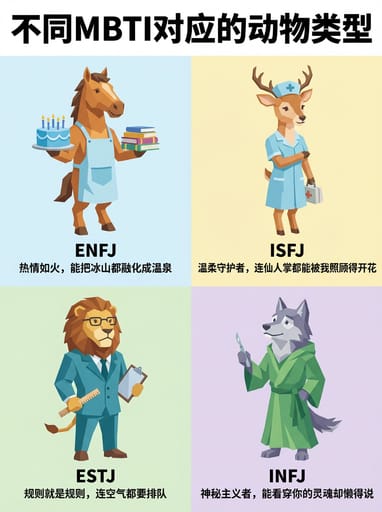 Nano Banana 提示词：MBTI 16 人格动物拟人插画生成器｜Curify AI