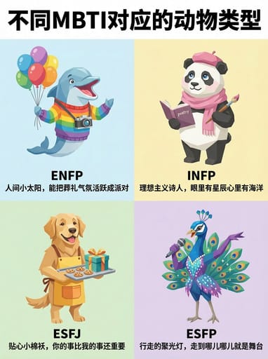 Nano Banana 提示词：MBTI 16 人格动物拟人插画生成器｜Curify AI