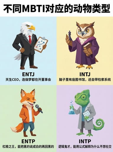 Nano Banana 提示词：MBTI 16 人格动物拟人插画生成器｜Curify AI