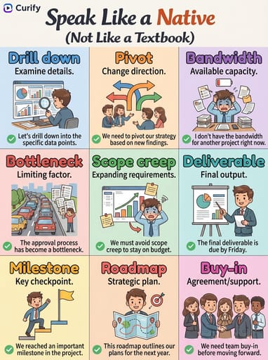 Authentische englische Ausdrücke Poster (Wie ein Muttersprachler sprechen) | Curify AI