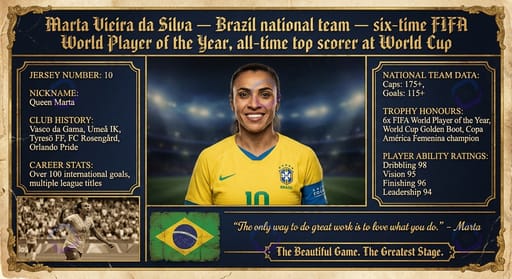 Marta Vieira da Silva — Brazil national team — six-time FIFA World Player of the Year, all-time top scorer at World Cup