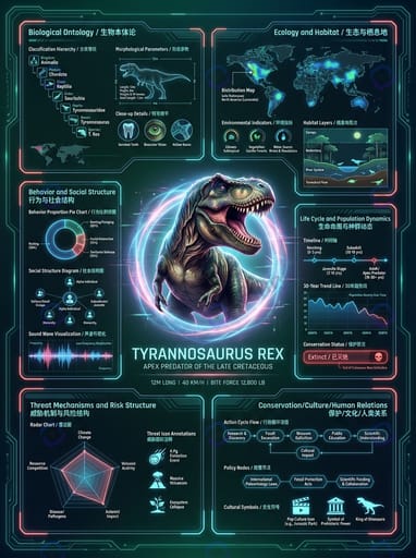 Tyrannosaurus Rex — apex predator of the Late Cretaceous, 12m long, 40 km/h, bite force 12,800 lb