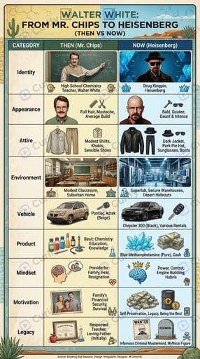 Walter White transformation from Mr. Chips chemistry teacher to Heisenberg drug kingpin across Breaking Bad seasons