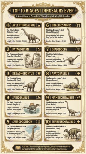Top 10 biggest dinosaurs ever — Argentinosaurus, Patagotitan, Dreadnoughtus, Spinosaurus, Sauroposeidon, Brachiosaurus, Diplodocus, Apatosaurus, Mamenchisaurus, Shantungosaurus — with length + weight