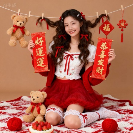 Clothesline New Year Doll Couplets Sweet Girl Kneeling Atmosphere Portrait