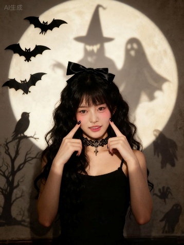 Full Moon Halloween Silhouette Black Bow Sweet Girl Portrait