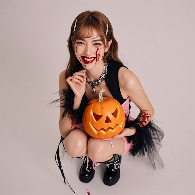 Overhead Jack-o'-lantern Bloody Makeup Cool Halloween Squat Portrait