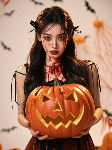 Hands Hold Giant Jack-o'-lantern Bloody Makeup Black Bow Halloween Portrait