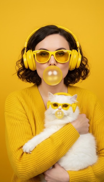 Monochrome Yellow Matching Human & Cat Symmetry Portrait
