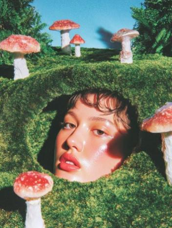 Moss Cave Head Peeking Spotted Mushroom Forest Film Portrait