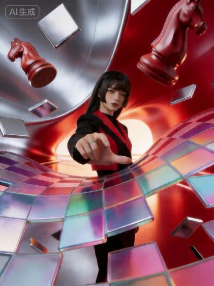Curved Holographic Chessboard Floating Red Knight Cyber Portrait