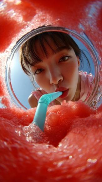 Bottom-of-Smoothie-Cup Low Angle Straw View Watermelon Foam Summer Portrait