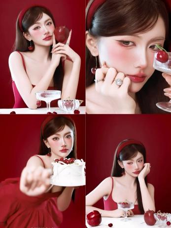 4-Grid Red Background Cherry Cake Sweet Girl Red Cami Portrait Set