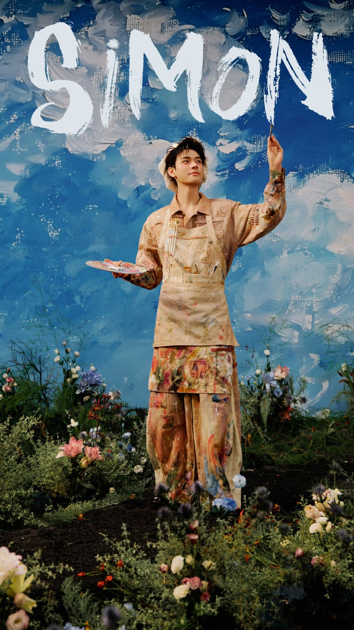 Flower Field Oil Painting Background Painter Holding Brush Hand-Painted Text Vertical Portrait