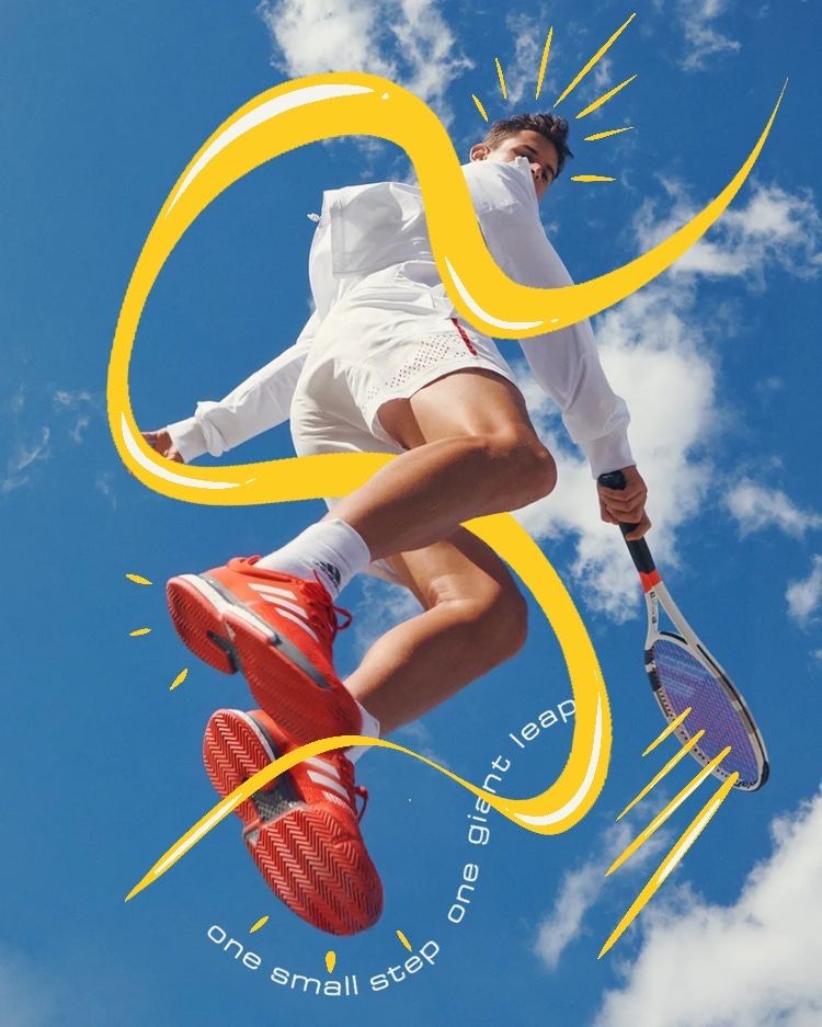 Low Angle Blue Sky Jumping Tennis Boy Hand Drawn Yellow Line Sports Poster