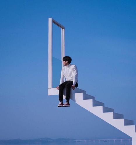 Floating White Stair Frame Clear Sky Minimal Healing Male Portrait