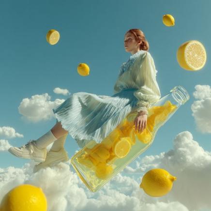Cloud Floating Lemon Glass Bottle Girl Surreal Fresh Portrait