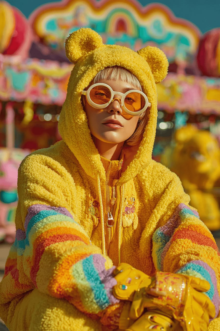 Amusement Park Bright Yellow Bear Fleece Jacket Rainbow Stripe Retro Film Portrait