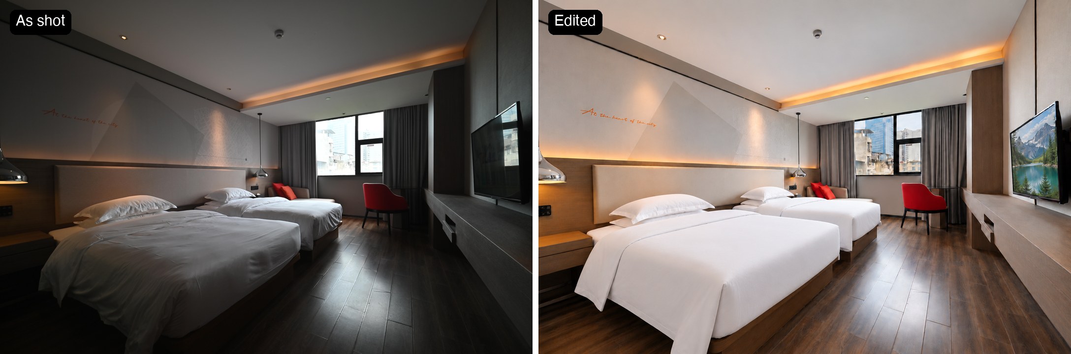 Hotel room before and after editing: a dim, amber room brightened, the window view recovered and the beds smoothed