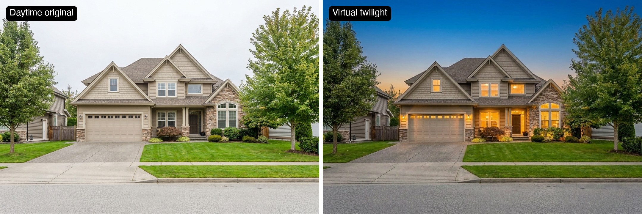 Virtual twilight: the same house as a flat daytime photo and as a dusk shot with lit windows