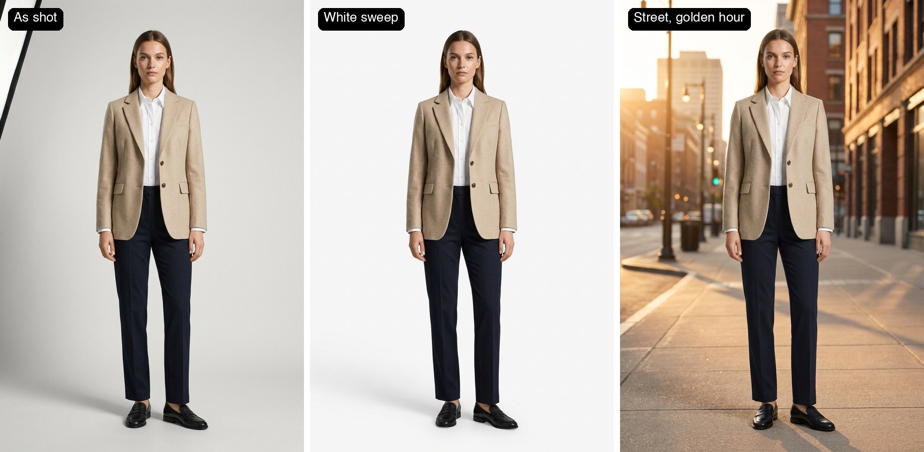 The same person, clothes and pose on three backdrops: grey studio, white sweep and a city street at golden hour