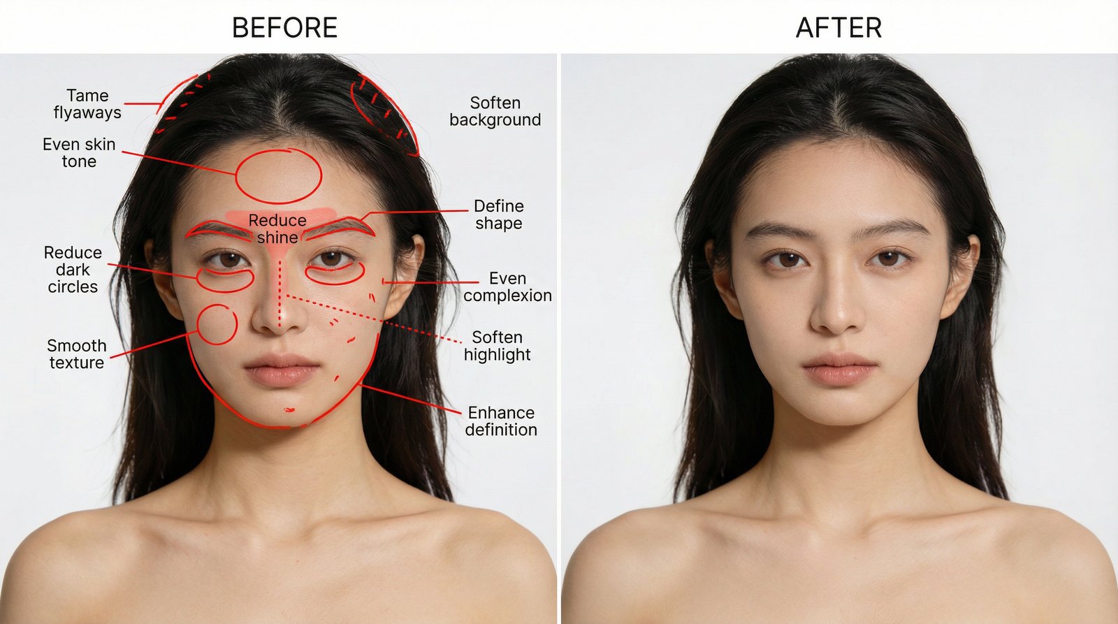 Portrait retouching plan marked region by region beside the retouched result