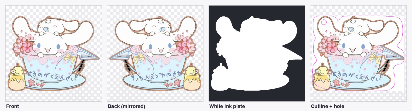 The four plates an acrylic factory needs — front print, mirrored back, the opaque white ink underbase shown on a dark board because it is invisible on white, and the die cutline with a keychain hole