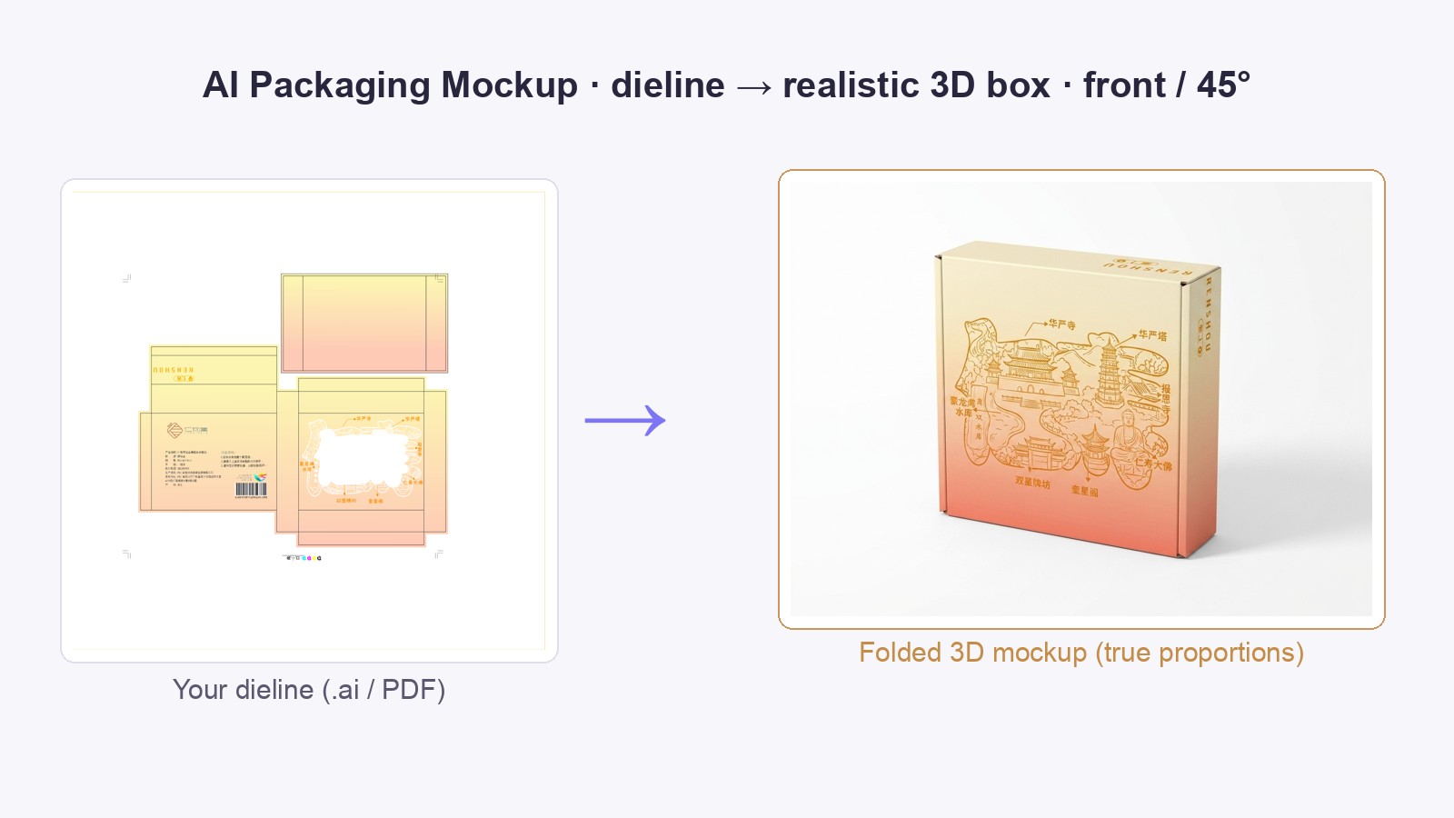 A flat packaging dieline turned into a realistic folded 3D box mockup at a 45-degree angle — the box proportions read from the file's real dimensions, not a generic cube