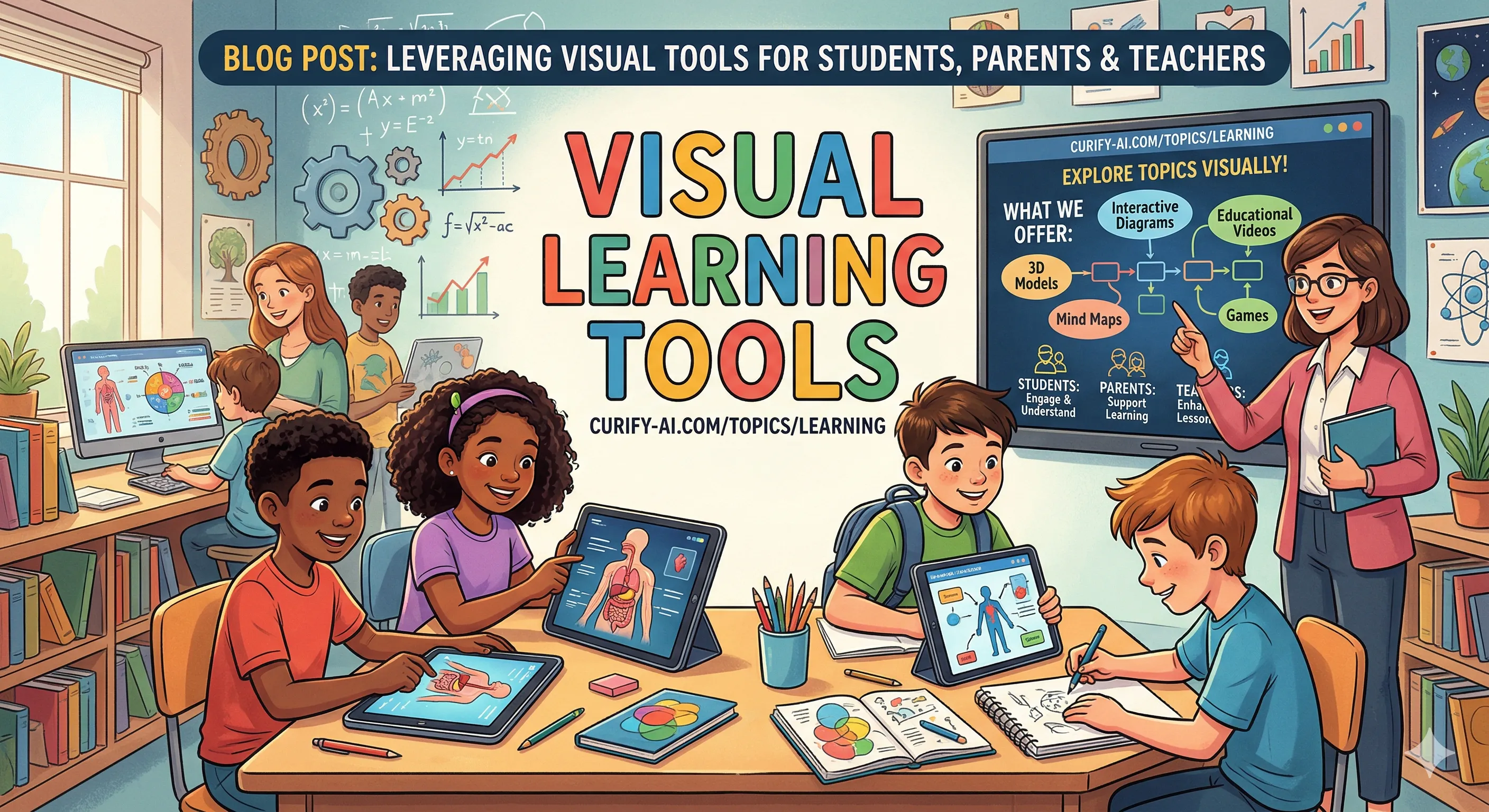 视觉学习工具界面，显示互动思维导图、信息图和学习卡，以增强教育效果